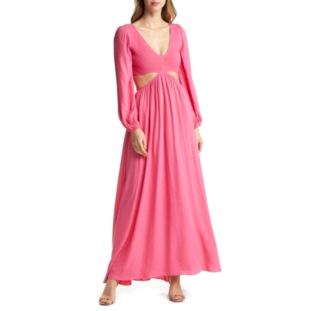 Vici Collection Smocked Cutout Long Sleeve Maxi Dress in Hot Pink